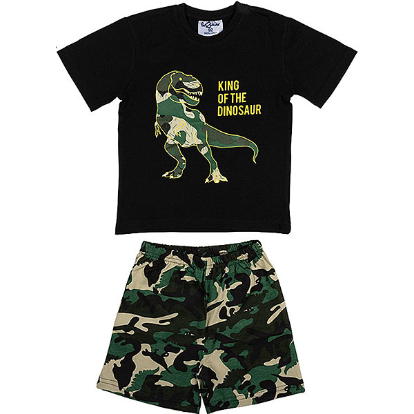 Hier vind je de stoere shortama Dino. Deze shortama bestaat uit een shirt met korte mouwen en een korte broek. Op het shirtje staat in het geel de tekst King of the Dinosaur met daarnaast de afbeelding van een T-rex. Het korte broekje heeft een vlekken print de in de kleuren zwart, bruin & groen met afbeeldingen van dino's in het groen Deze shortama komt uit de collectie van Fun2Wear. Deze serie heeft een verbeterde stofkwaliteit waardoor die mooier blijft na het wassen.