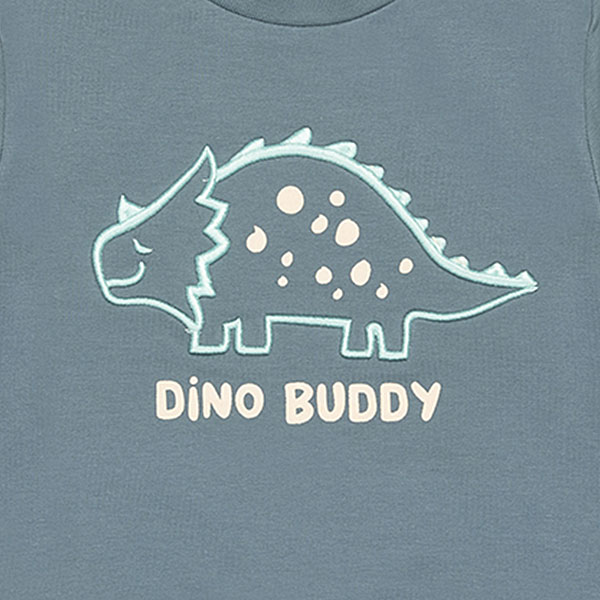 Frogs and Dogs babysweater Dino Buddy in blauwgroen met geborduurde dino en tekst uit de Nice Team collectie.