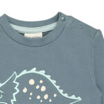 Frogs and Dogs babysweater Dino Buddy in blauwgroen met geborduurde dino en tekst uit de Nice Team collectie.