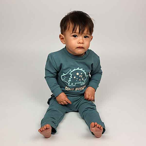 Frogs and Dogs babysweater Dino Buddy in blauwgroen met geborduurde dino en tekst uit de Nice Team collectie.