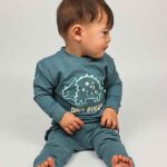 Frogs and Dogs babysweater Dino Buddy in blauwgroen met geborduurde dino en tekst uit de Nice Team collectie.