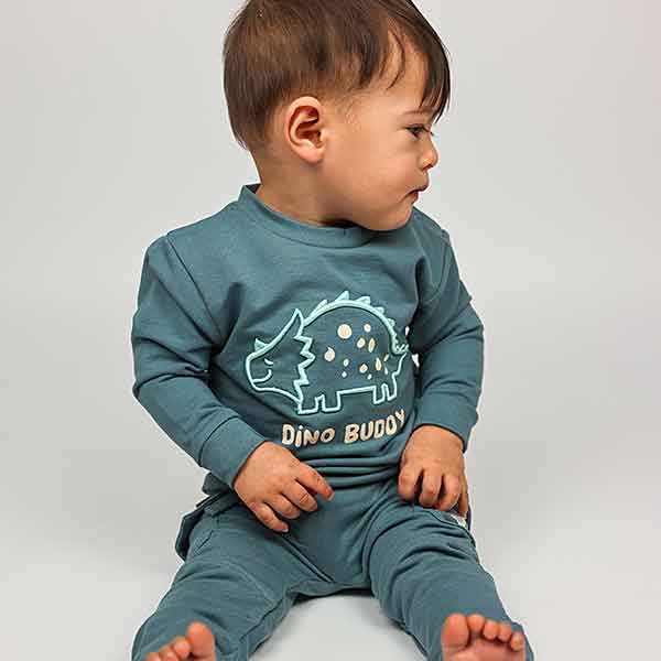 Frogs and Dogs babysweater Dino Buddy in blauwgroen met geborduurde dino en tekst uit de Nice Team collectie.