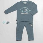 Frogs and Dogs babysweater Dino Buddy in blauwgroen met geborduurde dino en tekst uit de Nice Team collectie.
