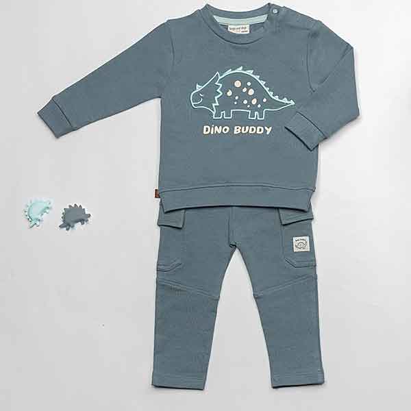 Frogs and Dogs babysweater Dino Buddy in blauwgroen met geborduurde dino en tekst uit de Nice Team collectie.