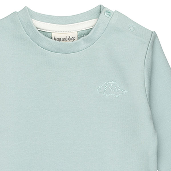 Deze stoere zachtgroene sweater uit de Nice Team-collectie van Frogs and Dogs is perfect voor jouw kleintje. Op de voorzijde zit een klein geborduurd dinootje. De sweater is gemaakt van zacht en warm materiaal, ideaal voor koudere dagen. Tot en met maat 86 heeft de sweater drukknoopjes op de linkerschouder, zodat het aan- en uittrekken makkelijk gaat.