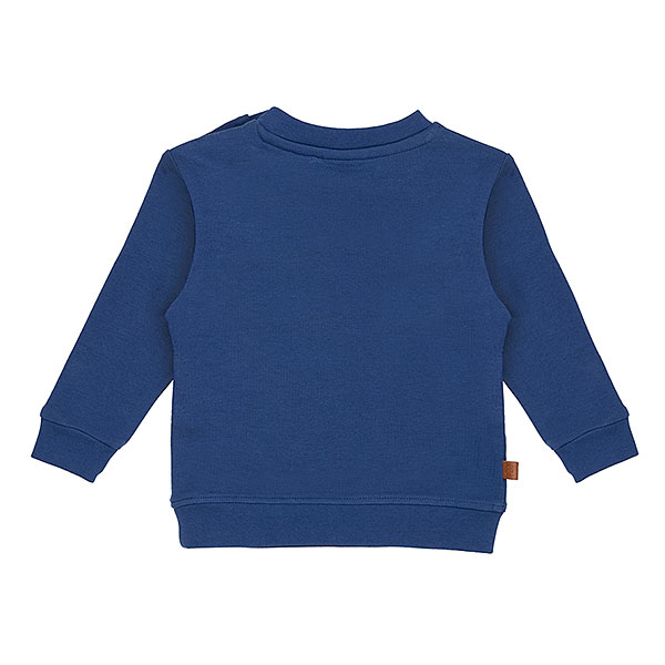 Stoere blauwe baby sweater met kleine smiley op borsthoogte voor een vrolijke touch. Gemaakt van zacht en warm materiaal, perfect voor frisse dagen.