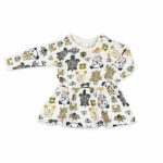 Hier het leuke ecru kleurige jurkje met lange mouw Fearless - Friends uit de collectie van Frogs and Dogs. Het ecru kleurige jurkje Fearless - Friends heeft een all-over bedrukking van verschillende dieren waaronder een kikker, bij, schildpad & een hondje. Het shirtje is gemaakt van rekbaar katoen en met het leuke printje goed te combineren met de andere items van deze collectie.