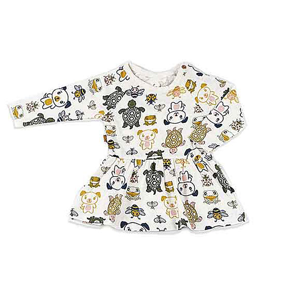 Hier het leuke ecru kleurige jurkje met lange mouw Fearless - Friends uit de collectie van Frogs and Dogs. Het ecru kleurige jurkje Fearless - Friends heeft een all-over bedrukking van verschillende dieren waaronder een kikker, bij, schildpad & een hondje. Het shirtje is gemaakt van rekbaar katoen en met het leuke printje goed te combineren met de andere items van deze collectie.