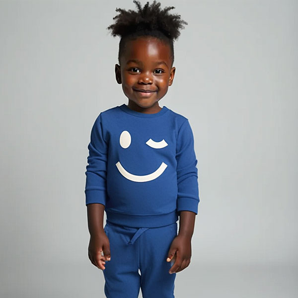 Frogs and Dogs peuter sweater blauw met grote geprinte smiley uit de Happy with You collectie