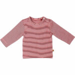 Dit licht roze met bordeaux streepjes baby t-shirt met lange mouwen en een ronde hals, is gemaakt van een comfortabele zachte rekbare katoen-lycra kwaliteit. De drukknoopjes op de schouder en de rek in de stof maakt dat de longsleeve gemakkelijk aan- en uit te trekken. De minimalistische en strakke lijnen in het ontwerp van het baby t-shirt met lange mouw en de eigenzinnige details, zijn zeer kenmerkend voor de collectie van Mijs X Merlijn. Door de prachtige kleuren combinatie in de streepjes van het shirt kan het mooi gecombineerd worden met de broekjes en vestjes van Mijs X Merlijn. 