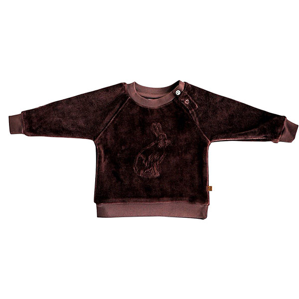 Deze prachtige stijlvolle bruine velourse sweater met een haasje op de voorkant geborduurd heeft lange mouwen en een ronde hals. Gemaakt van 100% katoen en is gemakkelijk aan te trekken dankzij de elastische boorden en de handige diagonale drukknoopjes op de schouders. Deze stoere babytrui is er ook in het lichtblauw.