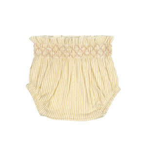 Deze lieve Bubble bloomer in de kleur Sheer Pink komt uit de All Collection Summer van Frogs and Dogs. De bloomer heeft de kleur Sheer Pink, een subtiele beige tint met een vleugje roze. De fijne gouden strepen, geweven met glinsterend gouddraad, geven het een sierlijke en feestelijke uitstraling. De elastische tailleband, gestikt met roze garen, zorgt voor een mooie pasvorm en biedt extra comfort.