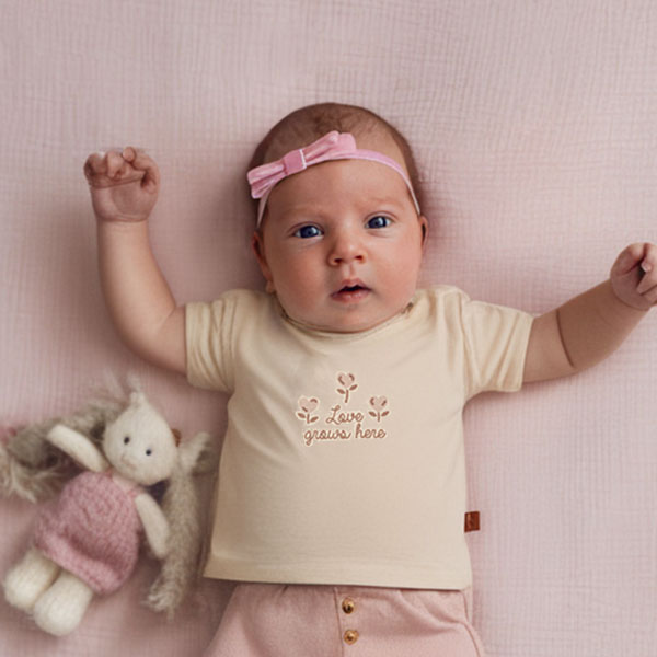 Dit lieve t-shirtje in de zachte tint Sheer Pink komt uit de Love Garden collectie van Frogs and Dogs. De kleur Sheer Pink is een subtiele beige tint met een vleugje roze. Op de voorzijde van het shirtje staat de tekst "Love Grown Here", met drie schattige bloemetjes. Tot en met maat 86 zitten er op de linkerschouder drukknoopjes, zodat het shirtje voor de kleintjes makkelijker aan- en uitgetrokken kan worden. De mouwtjes en onderkant zijn netjes omgezoomd, wat zorgt voor een mooie afwerking.