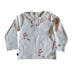 Lief t-shirtje Flo met lange mouw in de zachte tint White Alyssum uit de Summer Flowers-collectie van Frogs and Dogs. Voorzien van een all-over bloemetjesprint in roze en burlwood, een sierlijke rufflerand bij de hals en een praktische drukknoopsluiting op de achterkant. Netjes omgezoomd voor een verzorgde afwerking. Comfortabel en perfect voor zonnige dagen!