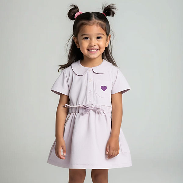 Dit mooie jurkje in de kleur Lavender Fog komt uit de Beautiful Hearts collectie van Frogs and Dogs. Het jurkje heeft een schattig kraagje en een drukknoopsluiting aan de voorzijde. Op het borstzakje prijkt een paars geborduurd hartje. De mouwtjes zijn licht gepoft en het rokje heeft een speelse, gerimpelde zoom. In de taille bevindt zich een elastische rand met een strikje, wat de jurk een extra charmante uitstraling geeft. Het rokje is voorzien van 2 steekzakjes.