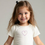 Crèmekleurig baby t-shirtje met lavendelkleurig hartje, pofmouwtjes en drukknoopsluiting uit de Frogs and Dogs collectie.