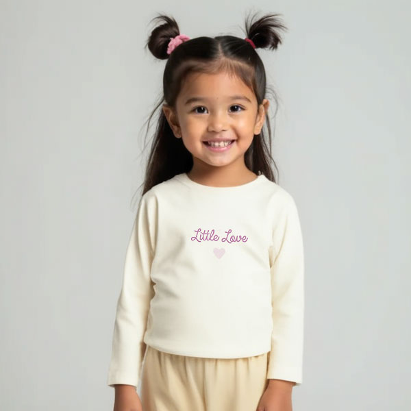 Crèmekleurig baby t-shirtje met lange mouw, tekst ‘Little Love’, lila hartje en pofmouwtjes uit de Frogs and Dogs collectie.