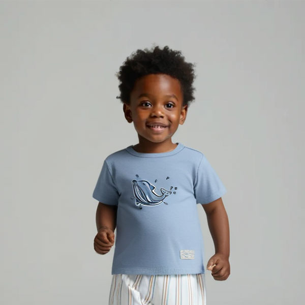 Blauw baby t-shirtje voor jongens met dolfijnenprint uit de Sun and Sand collectie van Frogs and Dogs. Met korte mouw en schouderknoopjes.