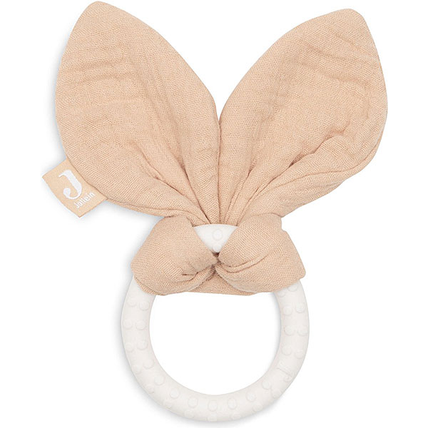 Bijtring Bunny Ears van Jollein in moonstone met siliconen ring en zachte stoffen oortjes