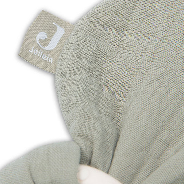 Jollein bijtring Bunny Ears in olive green met siliconen ring en stoffen oortjes