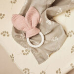 Jollein bijtring Bunny Ears in wild rose met roze stoffen oortjes en siliconen ring