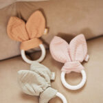 Jollein bijtring Bunny Ears in wild rose met roze stoffen oortjes en siliconen ring