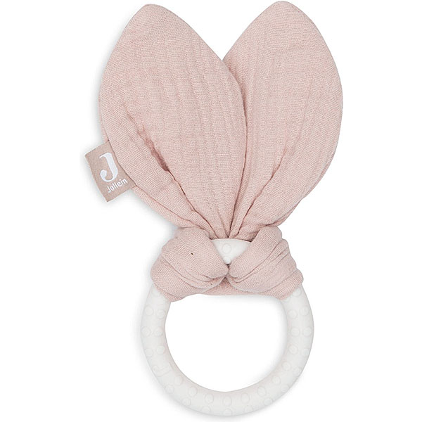 Jollein bijtring Bunny Ears in wild rose met roze stoffen oortjes en siliconen ring