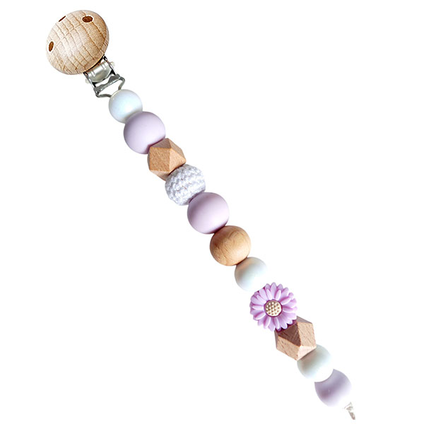 Speenkoord Daisy in lila, wit en hout met bloemkraal en houten clip van Happy by Lies