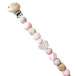 Speenkoord Dewi van Happy by Lies met roze en zandtinten en hartkraal. Met houten clip. Voor speen of bijtring.