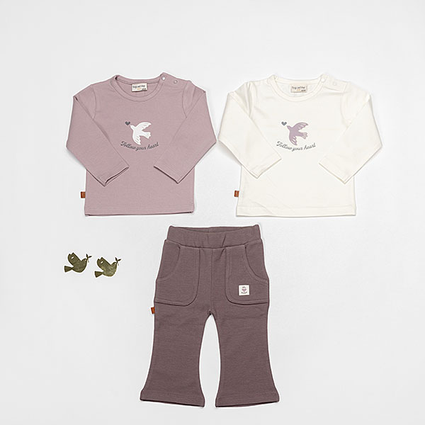 Frogs and Dogs babyshirt Nirvana lichtpaars met vogelprint en tekst Follow Your Heart