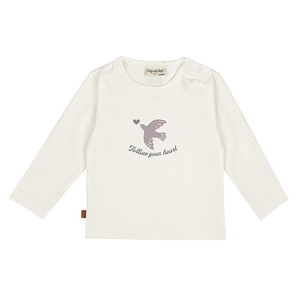 Frogs and Dogs Follow Your Heart baby & peuter shirt Bird gebroken wit met lavendel vogelprint en lange mouw