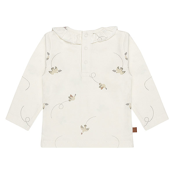 Frogs and Dogs Follow Your Heart baby & kids shirt Jet Stream gebroken wit met vogelprint en ruffel kraag