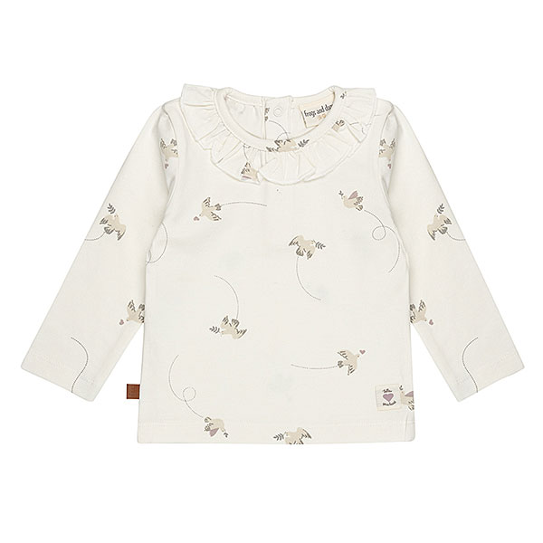 Frogs and Dogs Follow Your Heart baby & kids shirt Jet Stream gebroken wit met vogelprint en ruffel kraag
