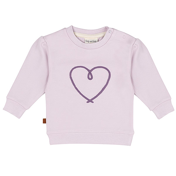 Frogs and Dogs baby & peutersweater lila met hartje en drukknoopjes t/m maat 86 op de schouder