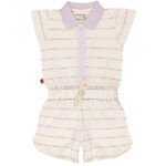 Frogs and Dogs baby & peuter zomerpakje crème met lila strepen, polokraag en elastische taille met striklint