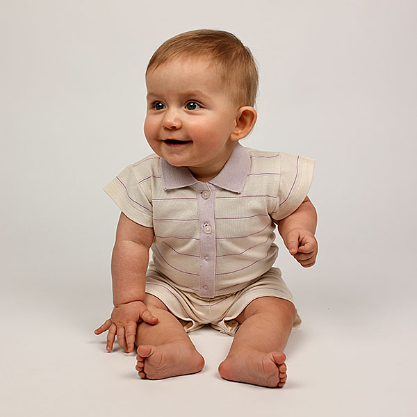 Frogs and Dogs baby & peuter zomerpakje crème met lila strepen, polokraag en elastische taille met striklint