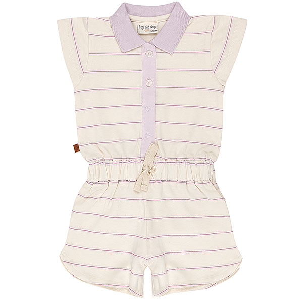 Frogs and Dogs baby & peuter zomerpakje crème met lila strepen, polokraag en elastische taille met striklint