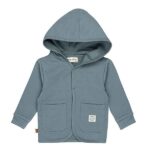 Frogs and Dogs baby & peuter hoodie jacket in Goblin Blue met capuchon en dino patch uit de Nice Team collectie.