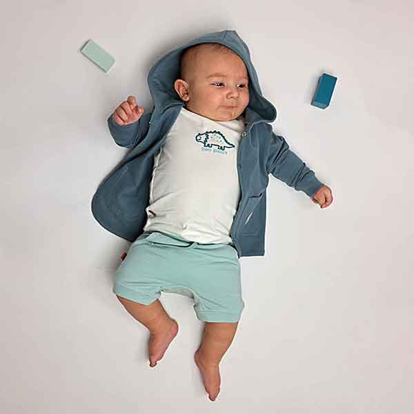 Frogs and Dogs baby & peuter hoodie jacket in Goblin Blue met capuchon en dino patch uit de Nice Team collectie.