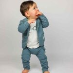 Frogs and Dogs baby & peuter hoodie jacket in Goblin Blue met capuchon en dino patch uit de Nice Team collectie.