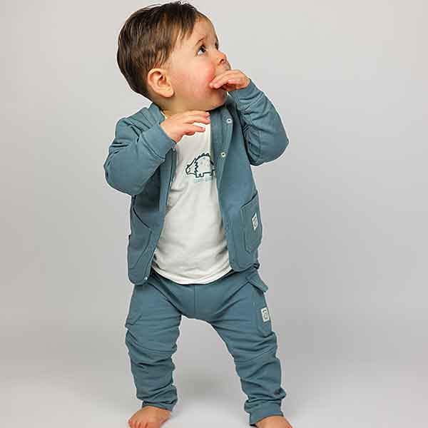 Frogs and Dogs baby & peuter hoodie jacket in Goblin Blue met capuchon en dino patch uit de Nice Team collectie.