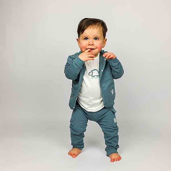 Frogs and Dogs baby & peuter hoodie jacket in Goblin Blue met capuchon en dino patch uit de Nice Team collectie.