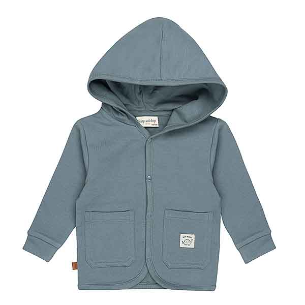 Frogs and Dogs baby & peuter hoodie jacket in Goblin Blue met capuchon en dino patch uit de Nice Team collectie.