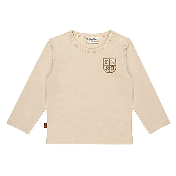 Frogs and Dogs baby & peutershirt Smoke Gray met geborduurd F&D-logo en drukknoopjes op de schouder.