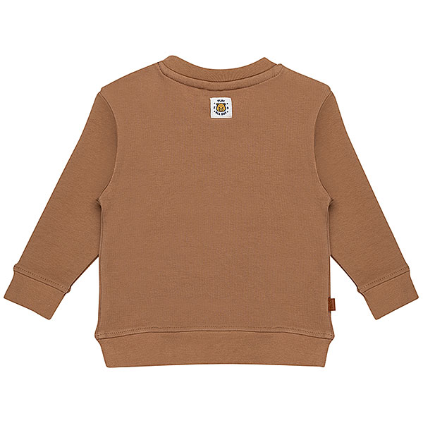 Frogs and Dogs Play All Day sweater voor peuters in Beaver Fur bruin met geborduurd logo.