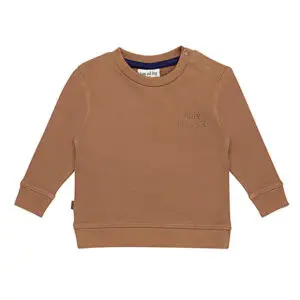 Frogs and Dogs Play All Day sweater voor peuters in Beaver Fur bruin met geborduurd logo.