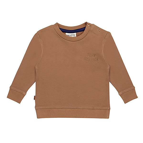 Frogs and Dogs Play All Day sweater voor peuters in Beaver Fur bruin met geborduurd logo.