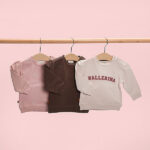 Frogs and Dogs baby & peutersweater in Sepia Rose met lange mouwen, opdruk Ballerina en plooitjes op de schouders.