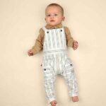 Frogs and Dogs baby tuinbroek Sand and Sun met blauw-geel streepjesdessin, verstelbare bandjes en voorzakjes