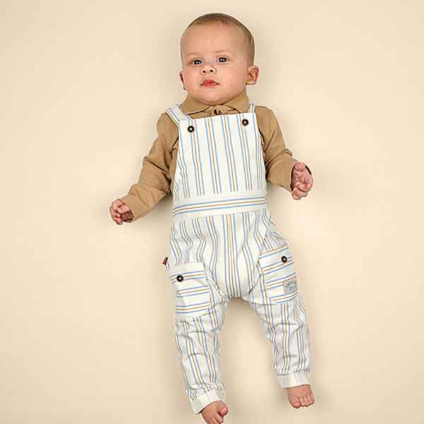 Frogs and Dogs baby tuinbroek Sand and Sun met blauw-geel streepjesdessin, verstelbare bandjes en voorzakjes